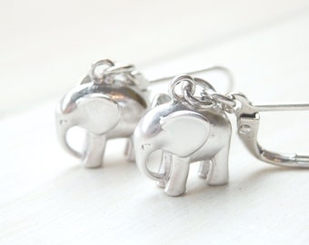 Silver Elephant Earrings - Dainty Dangle Little Animal Charm Earrings - Gift for Her - Birthday Gift - Made in CANADA - Spring Jewelry