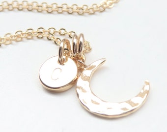 Gold Crescent Moon Monogram Necklace, Handmade Personalized Minimalist Pendant, Birthday Gift for Her Women, 3 in 1, Spring Jewelry