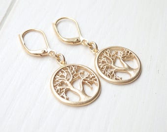 Gold Tree of Life Earrings - Dainty Dangle Earrings - Gift for Her Women - Birthday Gift - Handmade Everyday Earrings - Spring Jewelry