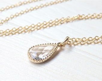 Gold Tear Drop Necklace - April Birthstone Simple Silver Teardrop Dainty Pendant - Birthday Gift for Girl Her Women - Spring Jewelry