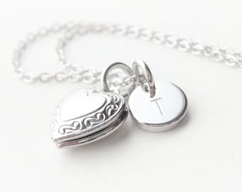 Silver Heart Locket Necklace - Personalized Monogram Letter Necklace - Unique Handmade Birthday Gift for Her Women - Spring Jewelry