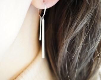 Boucles d'oreilles cylindre en argent - Boucles d'oreilles simples de tous les jours avec barre géométrique minimaliste - Cadeau d'anniversaire fait main pour femme - Bijoux de printemps