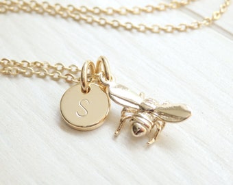 GOLD BEE Necklace - Monogram Dainty Initial Personalized Necklace - Handmade Birthday Gift for Her Women - 3 in 1 - Summer Jewelry