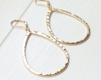 Gold Tear Drop Earrings - Simple Dangle Drop Handmade Big Hoop Earrings - Gift for Her Women - Unique Birthday Gift - Spring Jewelry