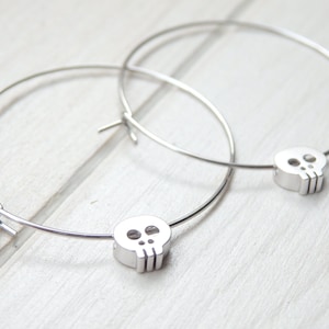 Skull Hoop Earrings - Silver Simple Dainty White Gold Earrings - Birthday Gift for Her Women - Unique Handmade Gift -  Halloween Gift