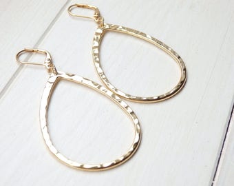 GOLD Tear Drop Earrings - Hoop Dangle Drop Big Statement Simple Earrings - Handmade Birthday Gift for Her Women - Spring Jewelry