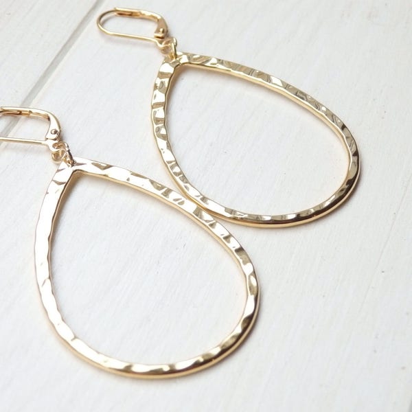 GOLD Tear Drop Earrings - Hoop Dangle Drop Big Statement Simple Earrings - Handmade Birthday Gift for Her Women - Spring Jewelry