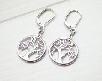 Silver Tree of Life Earrings - Simple Dainty Handmade Everyday Dangle White Gold Earrings - Birthday Gift for Her Women- Spring Jewelry