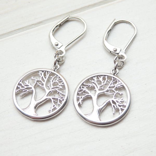 Silver Tree of Life Earrings - Simple Dainty Handmade Everyday Dangle White Gold Earrings - Birthday Gift for Her Women- Spring Jewelry