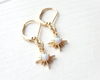 Gold Eight Point Star Opal Minimalist Earrings - Dainty Simple Everyday Jewelry - Handmade Birthday Gift for Her Women - Spring Jewelry