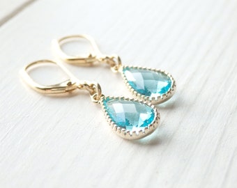 Aquamarine Tear Drop Earrings - Gold Dainty Handmade Statement Earrings - Birthday Gift for Her Women- March Birth Stone - Spring Jewelry