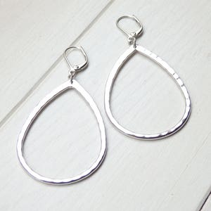 Silver Tear Drop Simple Earrings - Dangle Drop Statement Big HOOP Earrings - Handmade Birthday Gift for Women Her - Spring Jewelry