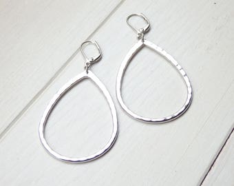 Silver Tear Drop Simple Earrings - Dangle Drop Statement Big HOOP Earrings - Handmade Birthday Gift for Women Her - Spring Jewelry