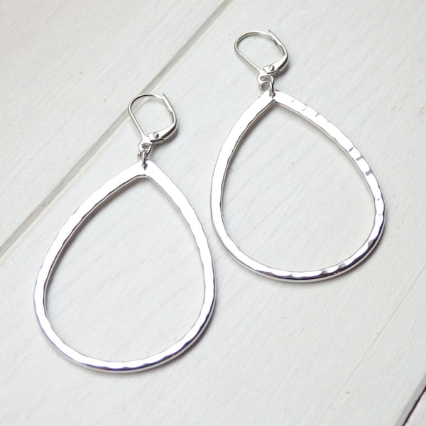 Silver Tear Drop Simple Earrings - Dangle Drop Statement Big HOOP Earrings - Handmade Birthday Gift for Women Her - Spring Jewelry