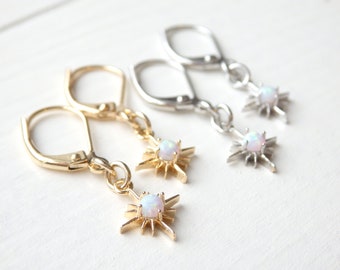 Gold Eight Point Star Opal Minimalist Earrings - Dainty Simple Everyday Jewelry - Handmade Birthday Gift for Her Women - Spring Jewelry