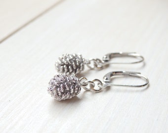 Silver Pinecone Earrings - Minimalist Dainty Everyday Simple Dangle Drop Earrings Birthday Gift for Her in Canada - Spring Jewelry