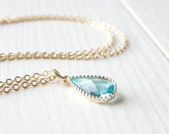 March Birthstone Aquamarine Simple Teardrop Dainty Pendant - Gold Tear Drop Necklace - Birthday Gift for Girl Her Women - Spring Jewelry