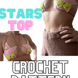 Könnte beinhalten: Häkelmuster für ein rosa und gelbes sternförmiges Oberteil mit einem Cartoon-Charakter-Design. Der Text "STARS TOP CROCHET PATTERN" wird unter dem Bild angezeigt.