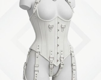 Genuine Leather White Overbust Corset – Steel Boned Gothic Waist Trainer Harness