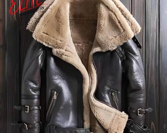 May include: A black leather jacket with a shearling lining and collar. The jacket features a zip closure, multiple pockets, and adjustable straps on the sleeves. The jacket has a vintage style.