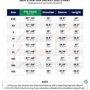 May include: A size chart for men's leather jackets, with measurements in inches and centimeters. The chart includes sizes from XXS to 4XL, detailing chest, shoulder, sleeve, and length measurements. A note explains how to find the correct size.