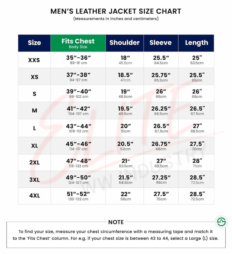 May include: A size chart for men's leather jackets, with measurements in inches and centimeters. The chart includes sizes from XXS to 4XL, detailing chest, shoulder, sleeve, and length measurements. A note explains how to find the correct size.