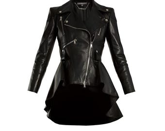 Women Biker Leather Jacket With Ruffle Detail Frill Plum Designer Coat Blazer trench.