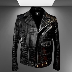 May include: Black leather jacket with a crocodile skin texture. The jacket features a classic biker style with a notched collar, asymmetrical zipper, and multiple pockets. Gold-colored hardware accents the design.