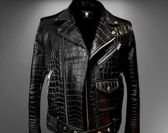 Men's Real Leather Biker Jacket – Handmade with Crocodile-Embossed Alligator Texture