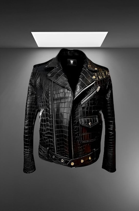 Men's Real Leather Biker Jacket – Handmade with Crocodile-Embossed Alligator Texture