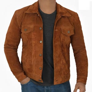 Men&#39;s Brown Suede Leather Trucker Jacket - Handmade.