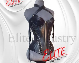 May include: A black leather corset with a halter neck and a front zipper. The corset is displayed on a gray mannequin. The corset has a lace-up back and decorative straps. The text "ELITE WW INDUSTRY" is visible in red.