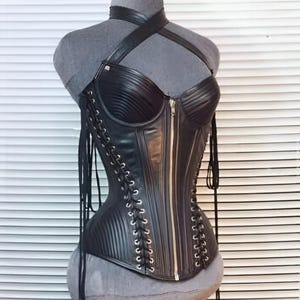 Women Genuine Leather Corset Steel Boned Over Bust Korsettkleid leder Back lace