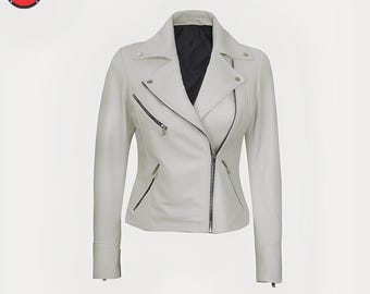 Women’s Off White Lambskin Leather Jacket – Handmade Antique Biker Style Fashion Coat