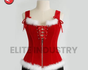 Corsé navideño de terciopelo rojo – Top festivo con varillas de acero