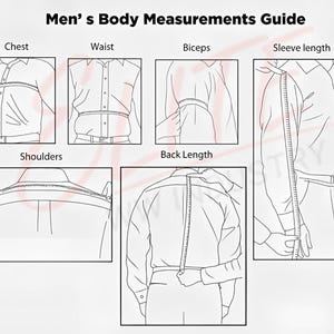 May include: A body measurements guide for clothing, with illustrations showing how to measure chest, waist, biceps, sleeve length, shoulders, and back length. The text at the top reads "Men's Body Measurements Guide."