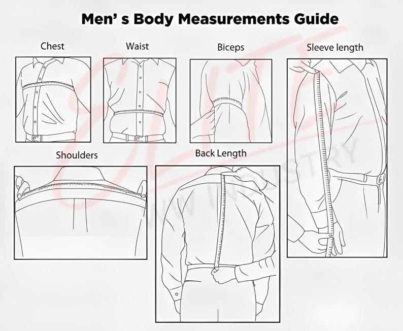May include: A body measurements guide for clothing, with illustrations showing how to measure chest, waist, biceps, sleeve length, shoulders, and back length. The text at the top reads "Men's Body Measurements Guide."