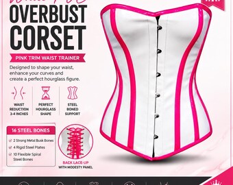 White PVC Overbust Corset with Pink Trim – Waist Trainer