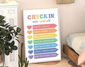 Check In With Yourself Affirmations for Kids Quote Art Canvas Poster, Classroom Quotes, Children's Room Aesthetic Decor, Printed Gift