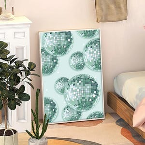 Green Disco Ball Art Poster, Trendy Wall Art, Apartment Aesthetic Decor, Retro Home Decor, Art Print, Printed Gift