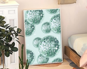 Plakat na płótnie z zieloną kulą dyskotekową, modna sztuka ścienna, estetyczny wystrój mieszkania, wystrój domu w stylu retro, prezent z nadrukiem