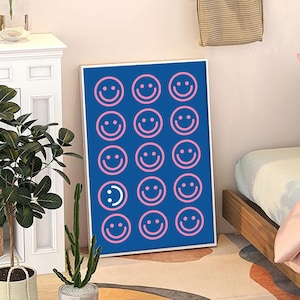 Funny Pink And Blue Smiley Face Art Poster, Trendy Wall Art, Apartment Aesthetic Decor, Retro Home Decor, Art Print, Printed Gift