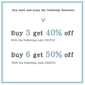 May include: A promotional graphic with a light blue border. Text reads "Buy more and enjoy the following discounts." Offers include "Buy 3 get 40% off" and "Buy 6 get 50% off" with corresponding codes.
