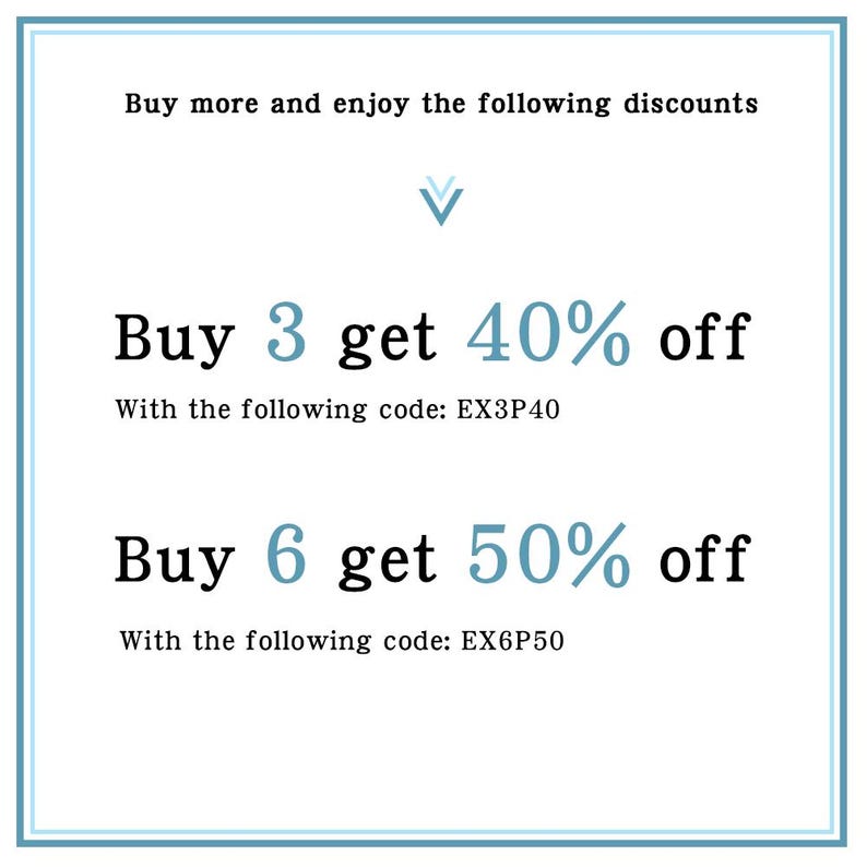 May include: A promotional graphic with a light blue border. Text reads "Buy more and enjoy the following discounts." Offers include "Buy 3 get 40% off" and "Buy 6 get 50% off" with corresponding codes.
