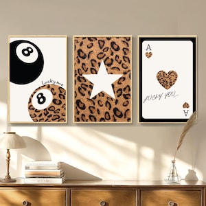 Plakat z kartami do gry Leopard Star Lucky 8 Ball, sztuka ścienna Leopard, modny estetyczny wystrój, wystrój domu w stylu retro, drukowany prezent