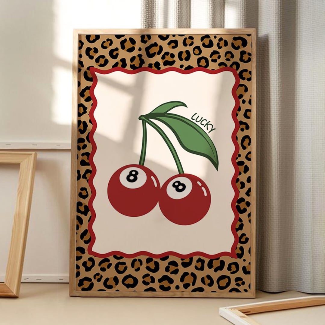 8 Ball Cherry Leopard Print Art Canvas Poster, Trendy Wall Art