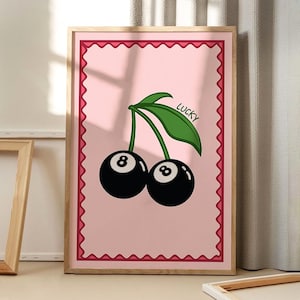 Lucky Me 8 Ball Cherry Art Poster, Kitchen Wall Art, Apartment Aesthetic Decor, Retro Home Decor, Art Print, Printed Gift