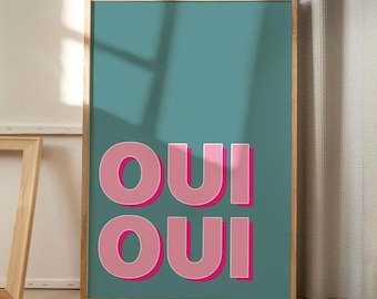 Plakat na płótnie z cytatem „Oui Oui”, modna sztuka ścienna, typograficzny, estetyczny wystrój wnętrz w stylu retro, prezent z nadrukiem