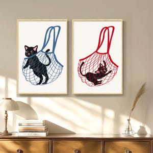 Póster de arte divertido de gato en una bolsa, arte de pared moderno, decoración estética divertida, decoración retro para el hogar, regalo impreso
