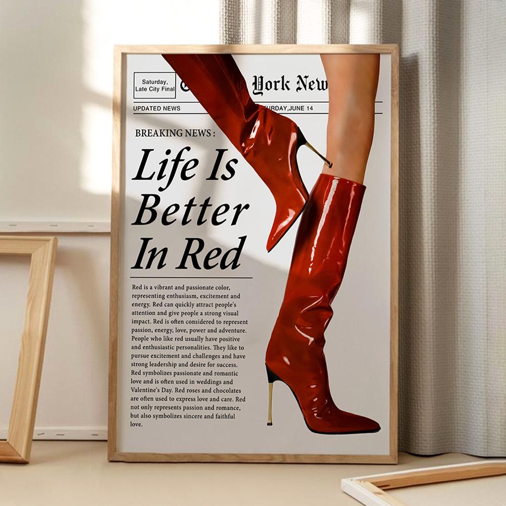 Life Is Better In Red Vintage Red Boots Newspaper Art Poster, Trendy Wall Art, Apartment Aesthetic Decor, Retro Home Decor, Printed Gift